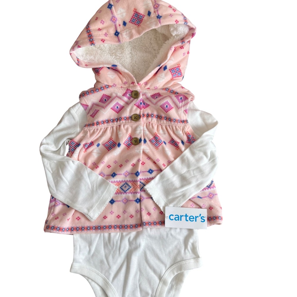 SALE Carter's Baby Girls 18m Pink Geometric Fleece Hooded Vest Bodysuit 2 Piece